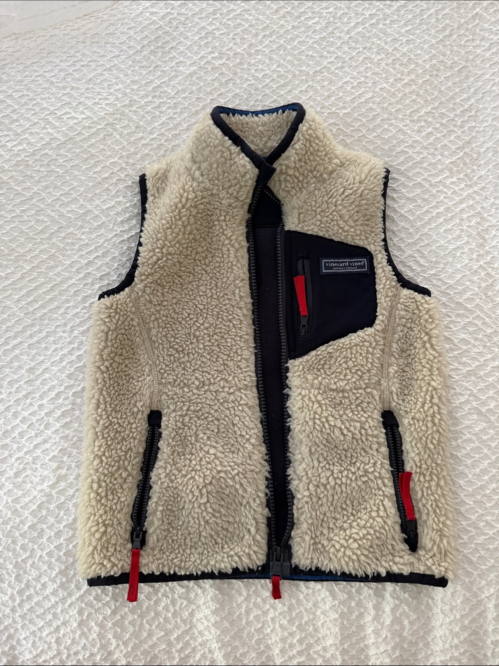 Vineyard Vines Cream Sherpa Lined Vest with Navy Trim and Whale Logo
